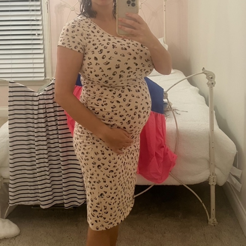 Pink leopard maternity midi dress